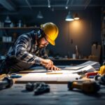 A photograph of a lighting contractor working on a project