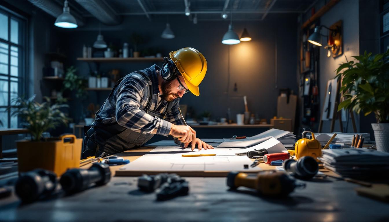 A photograph of a lighting contractor working on a project