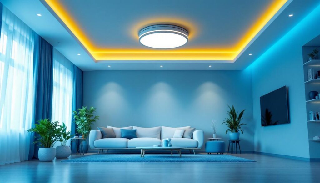 A photograph of a well-lit modern living space showcasing various types of recessed lighting fixtures