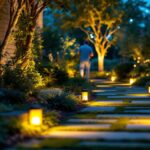 A photograph of a beautifully illuminated outdoor space showcasing landscape lighting downlights in action