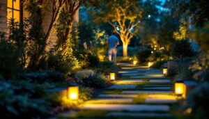 A photograph of a beautifully illuminated outdoor space showcasing landscape lighting downlights in action