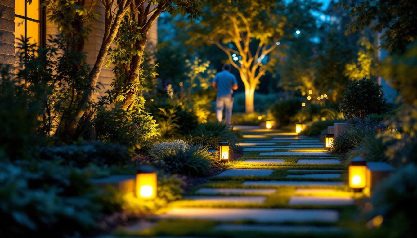 A photograph of a beautifully illuminated outdoor space showcasing landscape lighting downlights in action