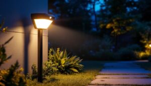 A photograph of a motion-activated outdoor light in action