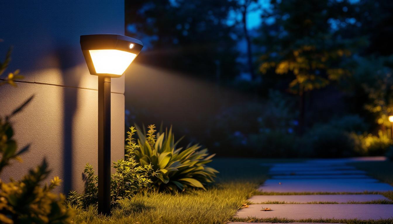 A photograph of a motion-activated outdoor light in action