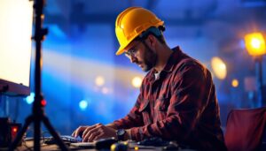 A photograph of a lighting contractor using the dd00r technology on-site