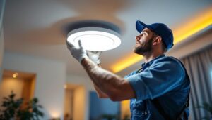 A photograph of a skilled lighting contractor installing flush-mounted led ceiling lights in a modern home setting