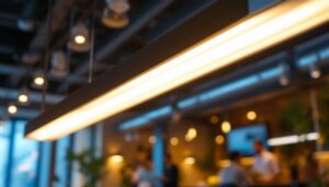 A photograph of a sleek and modern philips phantom lighting fixture in a dynamic commercial setting