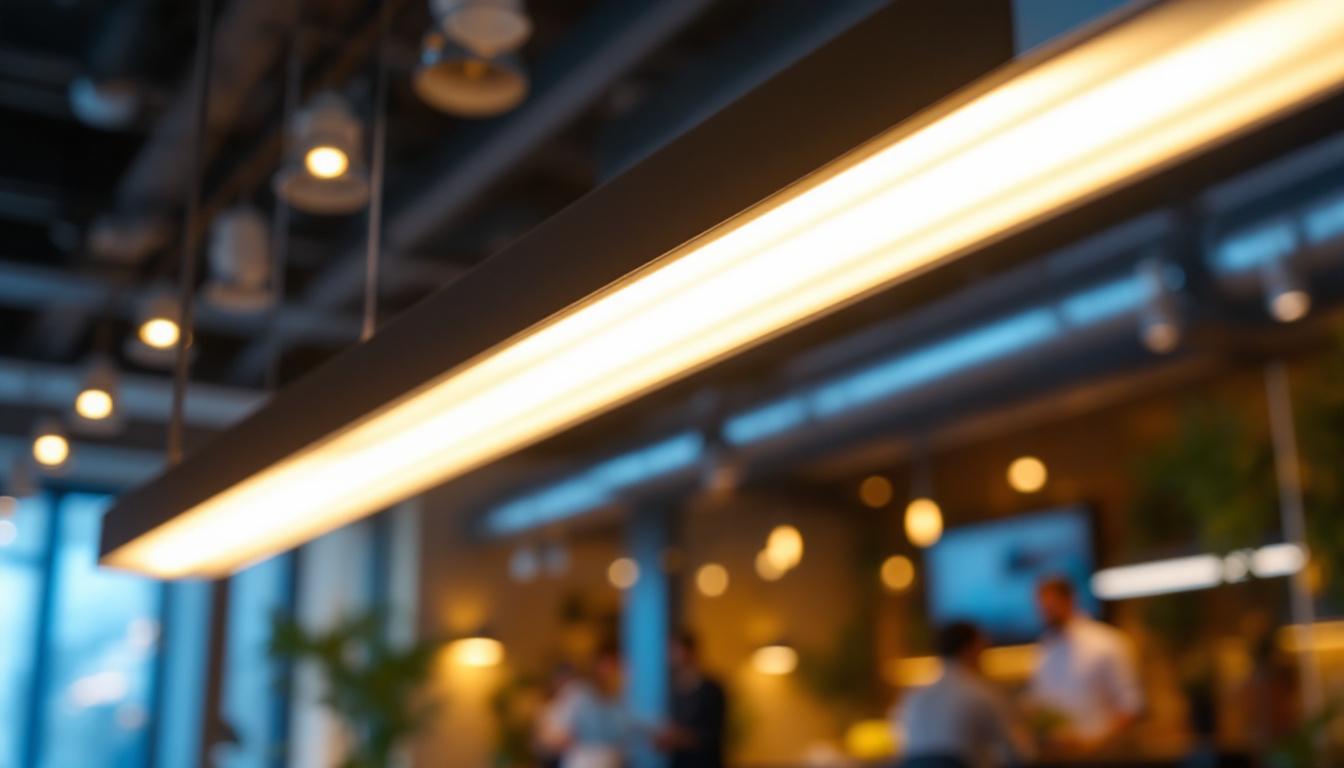 A photograph of a sleek and modern philips phantom lighting fixture in a dynamic commercial setting