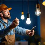 A photograph of a lighting contractor engaged in the installation or adjustment of modern led bulb fixtures in a residential or commercial setting