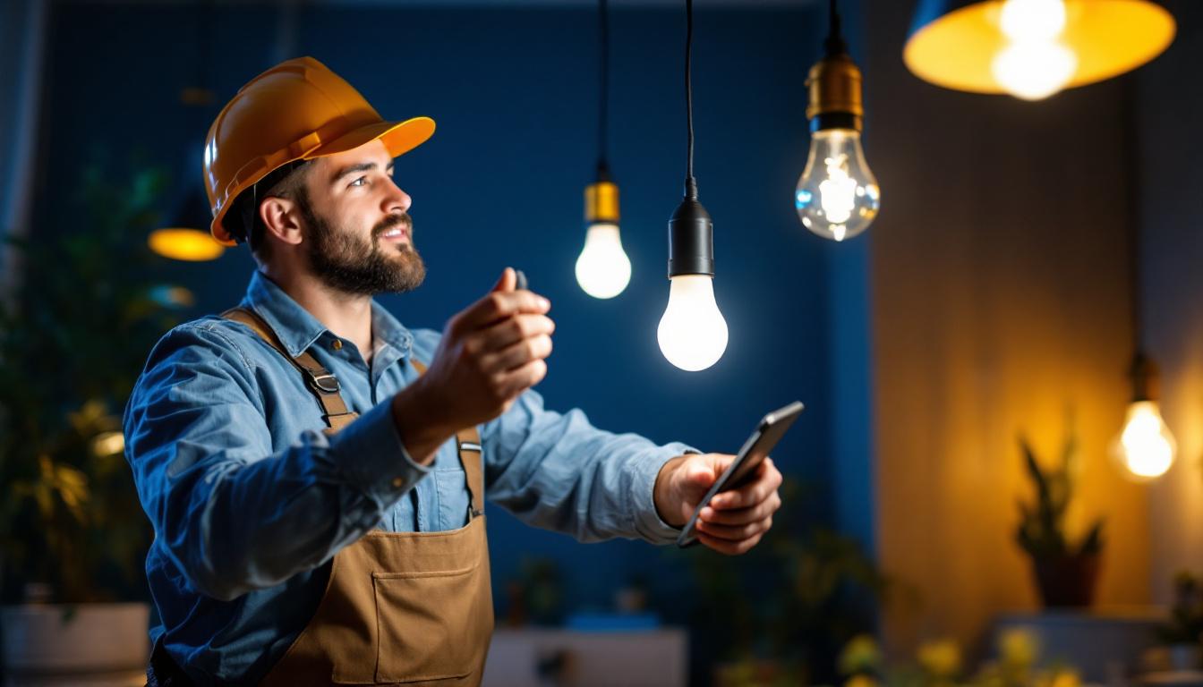A photograph of a lighting contractor engaged in the installation or adjustment of modern led bulb fixtures in a residential or commercial setting
