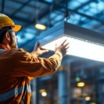 A photograph of a lighting contractor installing or showcasing a 60 ft led light in an industrial or commercial setting