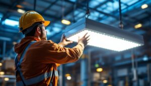 A photograph of a lighting contractor installing or showcasing a 60 ft led light in an industrial or commercial setting