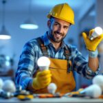 A photograph of a lighting contractor efficiently installing various types of led light bulbs in a modern setting