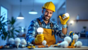 A photograph of a lighting contractor efficiently installing various types of led light bulbs in a modern setting