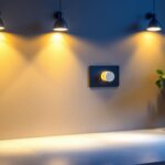 A photograph of a modern living space featuring stylish pot lights with a dimmer switch in action