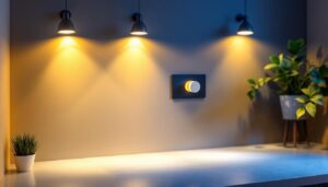 A photograph of a modern living space featuring stylish pot lights with a dimmer switch in action