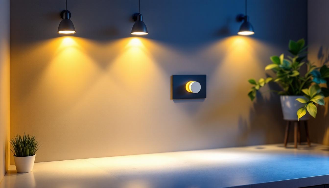 A photograph of a modern living space featuring stylish pot lights with a dimmer switch in action