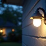 A photograph of a well-lit outdoor security light installed in a residential setting