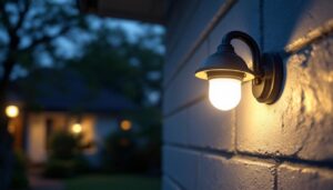 A photograph of a well-lit outdoor security light installed in a residential setting