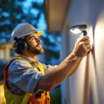 A photograph of a lighting contractor installing rab motion lights in a residential or commercial setting