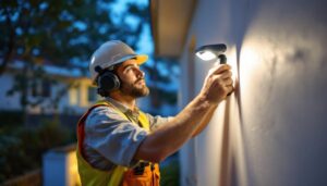A photograph of a lighting contractor installing rab motion lights in a residential or commercial setting