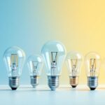 A photograph of a variety of standard light bulb bases displayed alongside their corresponding light bulbs