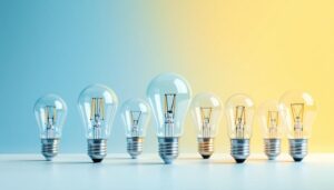 A photograph of a variety of standard light bulb bases displayed alongside their corresponding light bulbs