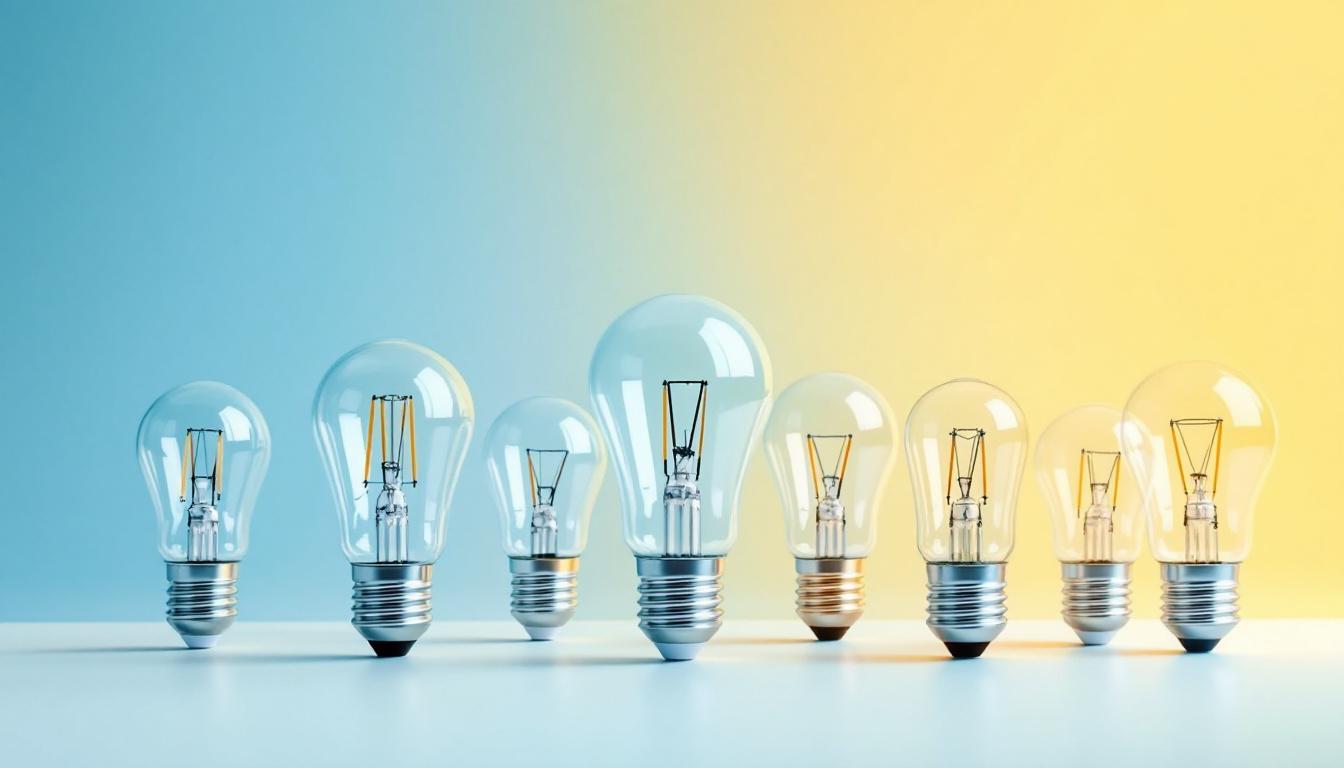 A photograph of a variety of standard light bulb bases displayed alongside their corresponding light bulbs