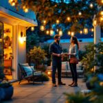A photograph of a well-lit outdoor space showcasing various stylish lighting fixtures