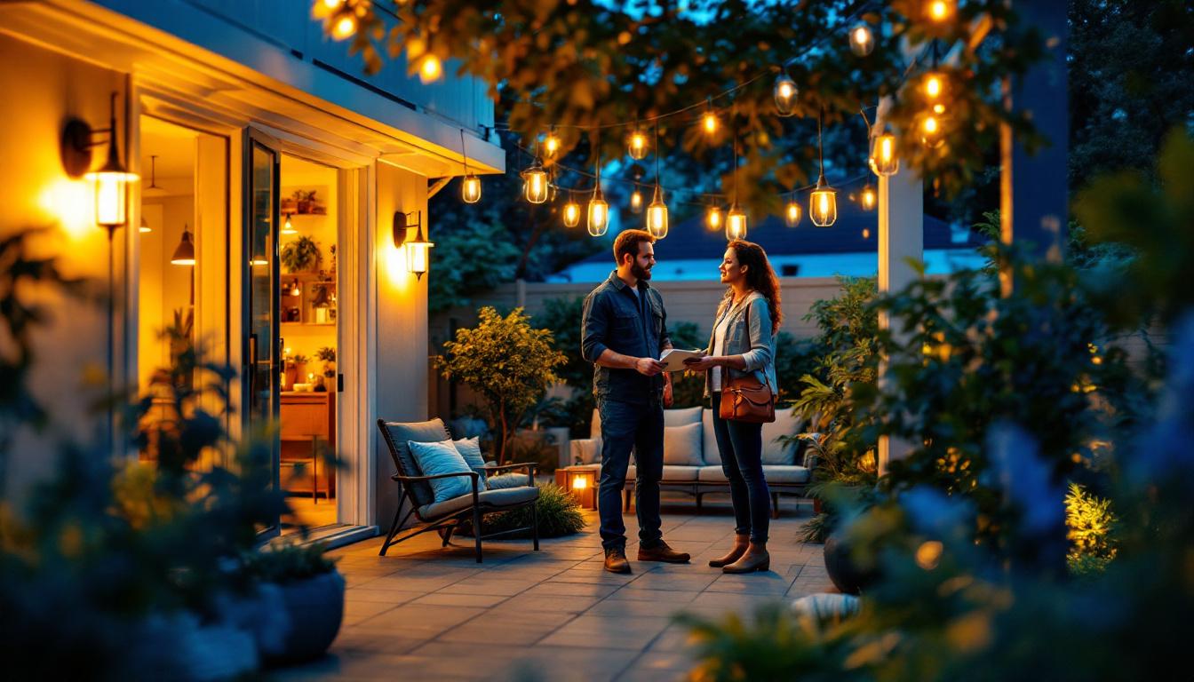 A photograph of a well-lit outdoor space showcasing various stylish lighting fixtures