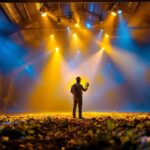 A photograph of a beautifully lit barn interior showcasing vibrant led barn lights in action
