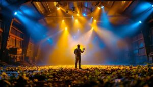 A photograph of a beautifully lit barn interior showcasing vibrant led barn lights in action