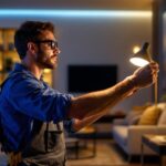 A photograph of a skilled lighting contractor adjusting a modern smart lighting system in a beautifully illuminated home setting