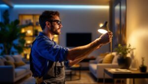 A photograph of a skilled lighting contractor adjusting a modern smart lighting system in a beautifully illuminated home setting