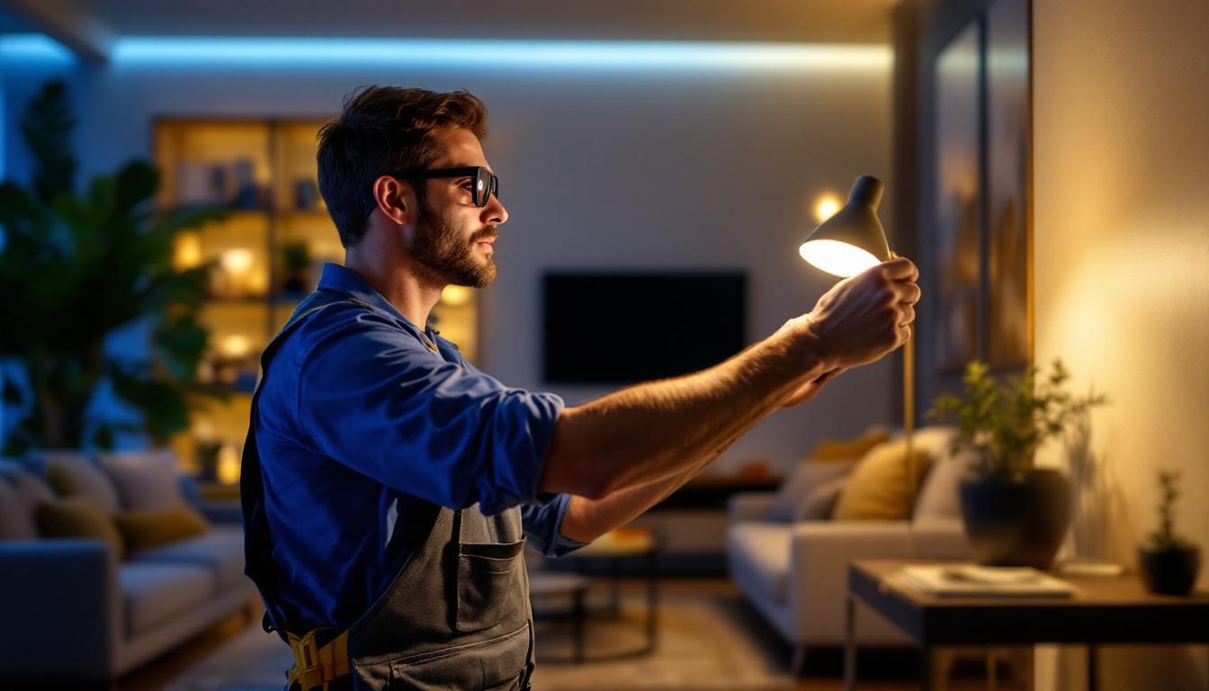 A photograph of a skilled lighting contractor adjusting a modern smart lighting system in a beautifully illuminated home setting