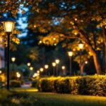 A photograph of a beautifully illuminated outdoor landscape showcasing various types of landscape lighting fixtures
