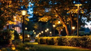 A photograph of a beautifully illuminated outdoor landscape showcasing various types of landscape lighting fixtures