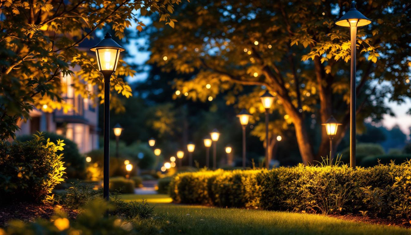 A photograph of a beautifully illuminated outdoor landscape showcasing various types of landscape lighting fixtures