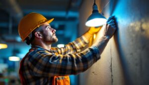 A photograph of a lighting contractor expertly installing or adjusting a modern led fixture in a commercial or residential setting