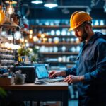 A photograph of a lighting contractor in action