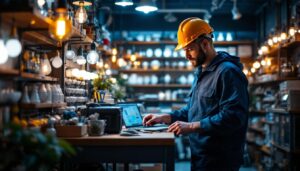 A photograph of a lighting contractor in action