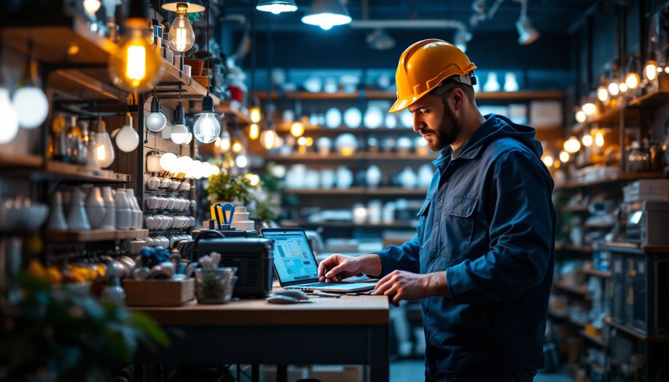 A photograph of a lighting contractor in action