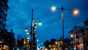 A photograph of a well-lit urban street scene featuring various light poles