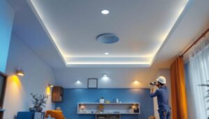 A photograph of a beautifully designed room featuring various recessed can lights in different styles and settings