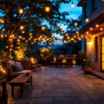 A photograph of a beautifully designed outdoor space illuminated by warm
