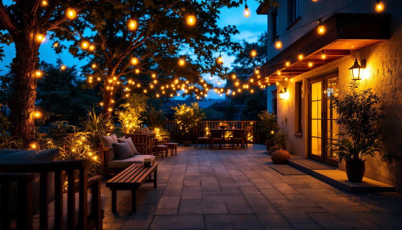 A photograph of a beautifully designed outdoor space illuminated by warm