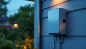 A photograph of an electrical box mounted on the exterior of a house