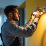 A photograph of a lighting contractor expertly installing or adjusting modern light fixtures in a stylish apartment setting