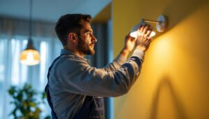A photograph of a lighting contractor expertly installing or adjusting modern light fixtures in a stylish apartment setting