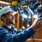 A photograph of a lighting contractor working on a complex installation in a courtroom setting